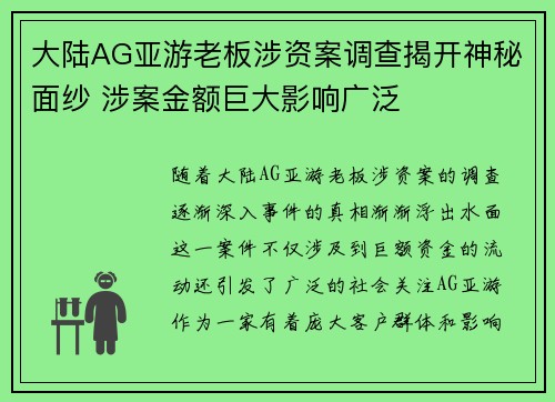 大陆AG亚游老板涉资案调查揭开神秘面纱 涉案金额巨大影响广泛